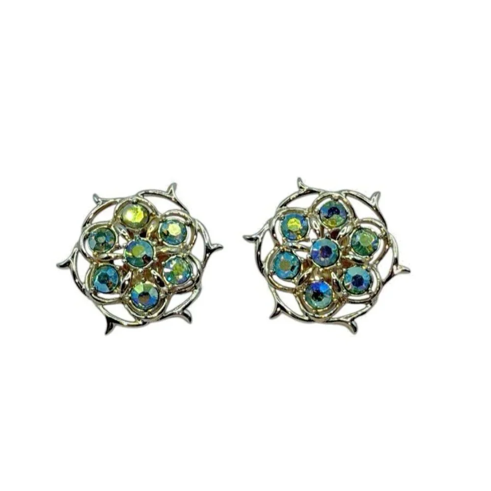 Sarah Coventry Vtg Aurora Borealis Rhinestone Limelight Pin  Brooch Earrings Set - Picture 4 of 7